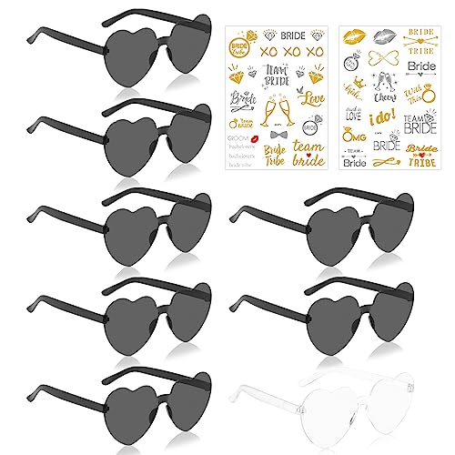 KOIROI Bride Herz Brille, 8 Stück Partybrille Herz Sonnenbrille, 1 Braut+7 Team Braut Brille+2 Team Bride Tattoo Aufkleber, JGA Accessoires, JGA Partybrillen Set für Hochzeit Bachelorette Party von KOIROI