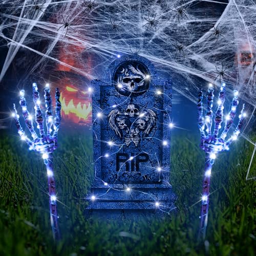 Halloween Deko Outdoor Skelett, Realistisches Gruselig Halloween Grabstein, Spinnennetz Dekoration, LED Schädel Hände und 4 Lichterketten, Halloween Deko für Draußen Garten Friedhof Horror Atmosphäre Halloween Deko Outdoor Skelett, Realistisches Gruselig Halloween Grabstein, Spinnennetz Dekoration, LED Schädel Hände und 4 Lichterketten, Halloween Deko für Draußen Garten Friedhof Horror Atmosphäre von KOIROI