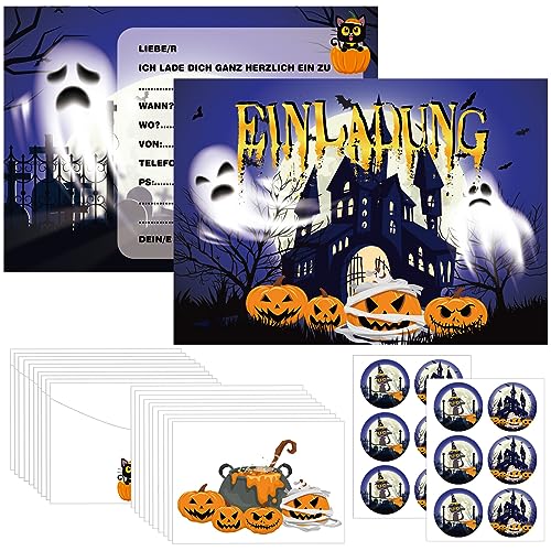 Halloween Einladungskarten Kinder, 12 Halloween Party Einladungen, gruselige Einladungen zur Halloween-Party mit Umschlägen und Halloween Aufklebern, Einladung für Grusel Party Kindergeburtstag von KOIROI