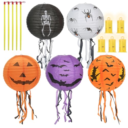 Halloween Laterne, 5 Stück Faltbare Halloween Kürbis Papierlaterne, Halloween Papier Laternen Dekoration mit Fledermäuse Spinnen Geister, Hängende Festival Laterne für Home Party Halloween Dekoration Halloween Laterne, 5 Stück Faltbare Halloween Kürbis Papierlaterne, Halloween Papier Laternen Dekoration mit Fledermäuse Spinnen Geister, Hängende Festival Laterne für Home Party Halloween Dekoration von KOIROI