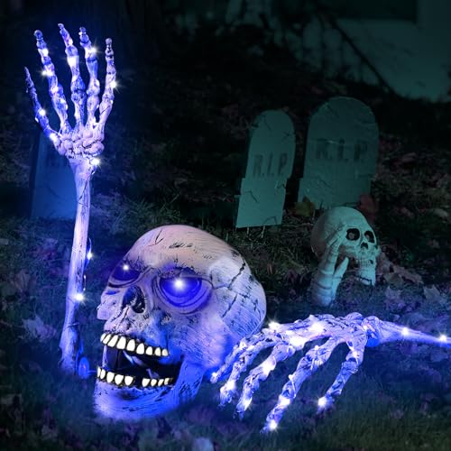 Halloween Leuchtende Skelett Totenkopf Set, 1 Totenkopf und 2 Schädel Hände, 4 Lichterketten, Halloween Deko Outdoor Skelett, Gruseligen Halloween Deko Garten für Halloween Party Spukhaus Rasen Halloween Leuchtende Skelett Totenkopf Set, 1 Totenkopf und 2 Schädel Hände, 4 Lichterketten, Halloween Deko Outdoor Skelett, Gruseligen Halloween Deko Garten für Halloween Party Spukhaus Rasen von KOIROI