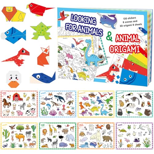 Origami Papier für Kinder, Bastelpapier Set Kinder, 8 Blätter Origami Papier 8 Aufkleber mit Bastelanleitung Buch, Origami-Buch, Bunte-Origami Kit für 3-12 Anfänger Jungen Mädchen von KOIROI