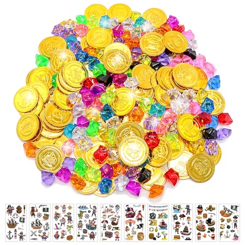 Goldmünzen Piratenschatz, 160 Stück Goldmünzen Edelsteine Kinder, 50 Gold Münzen Spielgeld+100 Edelsteine für Kinder+10 Piraten Aufkleber Piraten Kindergeburtstag, Schatzkiste Kindergeburtstag (160p) von KOIROI