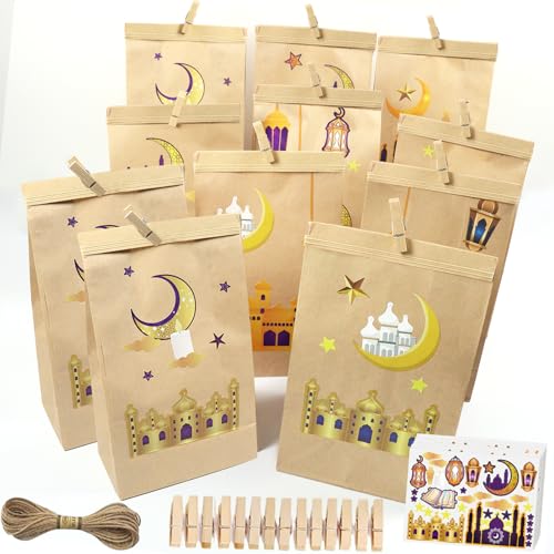 Ramadan Kalender zum Befüllen, 30 Stück Ramadan Tüten mit Holzklammern Hanfseil und Aufklebern, Eid Mubarak Geschenktüten Papiertüten, Eid Mubarak Tüten, Ramazan Adventsalender Tüten für Ramadan Deko von KOIROI