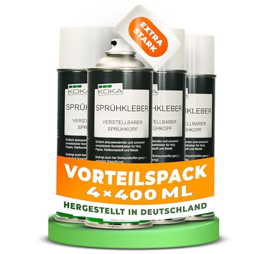 KOKA Sprühkleber 400 ml, 4er Set (4 x 400 ml) - hitzebeständiges Klebespray für Dachhimmel, Filz, Leder, Schaumstoff & Kunststoff – starke Haftung, schnelle Trocknung, wasser- & benzinfest – Industrie von KOKA