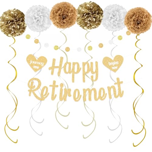 KOKAR Happy Retirement Decorations - Gold Happy Retirement Banner, Paper Pom Poms, Hanging Swirls and Glitter Circle Dots Garland for Retirement Party Decorations KOKAR Happy Retirement Decorations - Gold Happy Retirement Banner, Paper Pom Poms, Hanging Swirls and Glitter Circle Dots Garland for Retirement Party Decorations von KOKAR