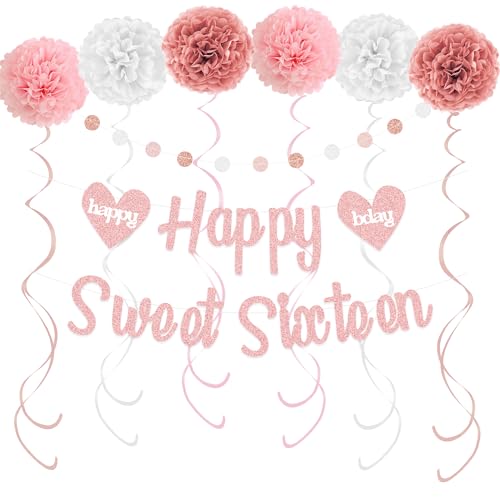 KOKAR Sweet 16 Party Dekorationen - Rose Gold Happy Sweet Sixteen Birthday Banner, Papier Pom Poms, hängende Wirbel und Glitzer Kreis Punkte Girlande für 16 Geburtstag Dekorationen KOKAR Sweet 16 Party Dekorationen - Rose Gold Happy Sweet Sixteen Birthday Banner, Papier Pom Poms, hängende Wirbel und Glitzer Kreis Punkte Girlande für 16 Geburtstag Dekorationen von KOKAR