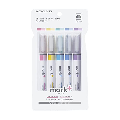 KOKUYO Mark+ PM-MT100-5S Textmarker in zwei Farben, 5er-Pack (Pink, Blau, Grün, Violett und Gelb) von KOKUYO