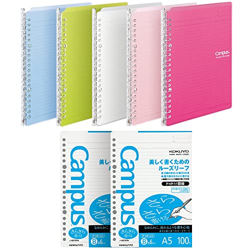 KOKUYO Smart Ringbuch plus Nachfüllblätter lose Blätter, B5, 26 Löcher, 4-farbiges Set, japanischer Import (helle Farben und 100 Blatt, B5) (Vollfarbig mit Nachfüllpapier, A5) von KOKUYO