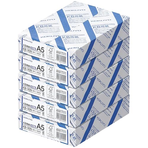 Kokuyo A5 KB Papier, 5 Ries (2500 Blatt), 64 g/m², 80 hell (ISO) – perfekt zum Drucken, individuellen Planer und Tagebuch – 14 x 20 cm, FSC-zertifiziert, Japan Import (KB-30N) von KOKUYO