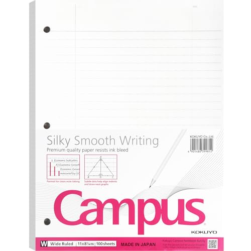 Kokuyo Campus WSG-NO-887G3 Loseblatt-Papier für 3-Ringbücher, 21,6 x 27,9 cm, breit liniert, 100 Blatt, japanisches glattes Papier, verhindert Tintenbluten, Schullieferanten, hergestellt in Japan Kokuyo Campus WSG-NO-887G3 Loseblatt-Papier für 3-Ringbücher, 21,6 x 27,9 cm, breit liniert, 100 Blatt, japanisches glattes Papier, verhindert Tintenbluten, Schullieferanten, hergestellt in Japan von KOKUYO