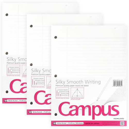 Kokuyo Campus WSG-NO-887G3 Loseblatt-Papier für 3-Ringbücher, 21,6 x 27,9 cm, breit liniert, 300 Blatt, japanisches glattes Papier, verhindert Tintenbluten, Schullieferanten, hergestellt in Japan Kokuyo Campus WSG-NO-887G3 Loseblatt-Papier für 3-Ringbücher, 21,6 x 27,9 cm, breit liniert, 300 Blatt, japanisches glattes Papier, verhindert Tintenbluten, Schullieferanten, hergestellt in Japan von KOKUYO