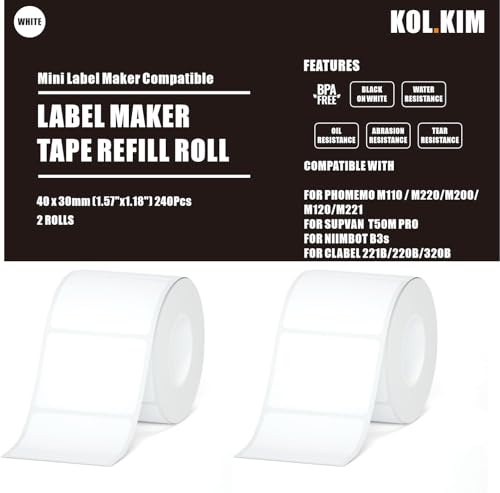 M110 Thermo-Etiketten für Phomemo M110 Druckerpapier, M220 Etiketten für Phomemo Etikettendrucker, Papier, Print Master Ponek M100 CLABEL 221B Etiketten-Nachfüllpackung, 40 x 30 mm, Weiß, 2 Rollen von KOL.KIM