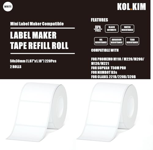 M220 Etiketten, M110 Thermo-Etikettenmacher-Klebeband, Nachfüllpackung, kompatibel mit Phomemo M220, M200, M120, M221, M110, für CLABEL 221B Etikettenmacher, 50 x 30 mm, 220 Stück/Rolle, Weiß, 2 M220 Etiketten, M110 Thermo-Etikettenmacher-Klebeband, Nachfüllpackung, kompatibel mit Phomemo M220, M200, M120, M221, M110, für CLABEL 221B Etikettenmacher, 50 x 30 mm, 220 Stück/Rolle, Weiß, 2 von KOL.KIM