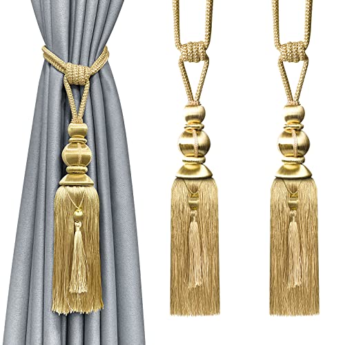 Vorhang-Raffhalter, goldfarben, Quasten-Raffhalter für Vorhänge, groß, dekorativ, handgefertigt, geflochtene Fransenquasten-Halter, 2 Stück Vorhang-Raffhalter, goldfarben, Quasten-Raffhalter für Vorhänge, groß, dekorativ, handgefertigt, geflochtene Fransenquasten-Halter, 2 Stück von KOLAKO