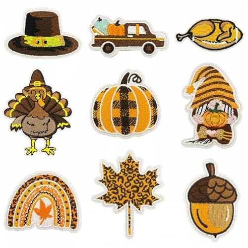 9 Stück Aufnäher zum Aufbügeln für Kleidung, Herbst-Thema, bestickt, zum Aufnähen auf Applikationen, Herbst-Ahornblatt, Truthahn, Kürbis, Zwerg-Design, Reparaturflicken für Jacke, Kleid, Rucksack, Hut von KOLONAMS