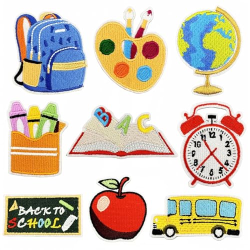 Aufnäher zum Aufbügeln für Schulanfang, ABC, Bleistift, Apfel, Schulbus, bestickt, bunt, Schulthema, dekorative Reparaturflicken für Lehrer, Studenten, Basteln, Jacke, Hut, Kleidung, Dekoration, 9 Aufnäher zum Aufbügeln für Schulanfang, ABC, Bleistift, Apfel, Schulbus, bestickt, bunt, Schulthema, dekorative Reparaturflicken für Lehrer, Studenten, Basteln, Jacke, Hut, Kleidung, Dekoration, 9 von KOLONAMS
