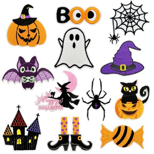Halloween-Aufnäher zum Aufbügeln für Kleidung, 12 Stück, niedlicher Geist, Spinne, Kürbis, bestickt, Reparaturflicken Spinnennetz, Fledermaus, Hexe, Boo, Design, Bügelapplikationen für Jacke, Rucksack Halloween-Aufnäher zum Aufbügeln für Kleidung, 12 Stück, niedlicher Geist, Spinne, Kürbis, bestickt, Reparaturflicken Spinnennetz, Fledermaus, Hexe, Boo, Design, Bügelapplikationen für Jacke, Rucksack von KOLONAMS
