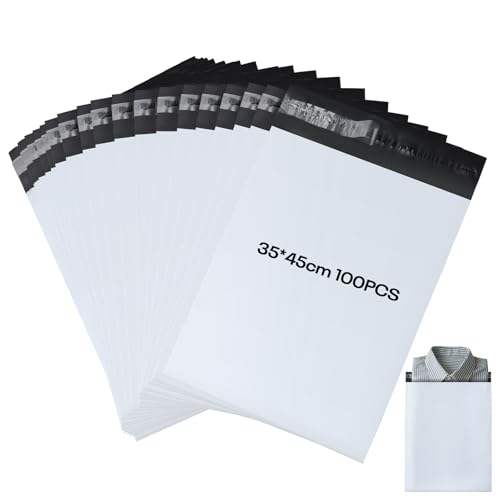 KOMABLEN 100Stk Versandtaschen, 35x45cm Selbstklebend Versandtüten für Kleidung, Blickdicht Wasserdicht Weiße PE Versandbeutel, Abrasionsbeständig groß Pakete für Versand für Expressverpackung von KOMABLEN