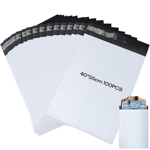 KOMABLEN 100Stk Versandtaschen, 40x55cm Selbstklebend Versandtüten für Kleidung, Blickdicht Wasserdicht Weiße PE Versandbeutel, Abrasionsbeständig groß Pakete für Versand für Expressverpackung von KOMABLEN