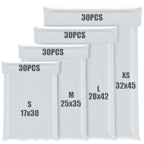 KOMABLEN 120Stk Versandtaschen, 4 Größen Selbstklebend Versandtüten für Kleidung, Blickdicht Wasserdicht Weiße PE Versandbeutel, Abrasionsbeständig groß Pakete für 120 Micron Autoadesive Borse von KOMABLEN