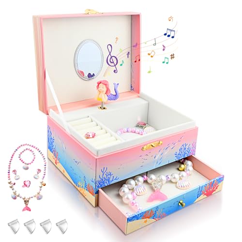 KOMABLEN Schmuckkästchen Mädchen Meerjungfrau, Spieluhr Schmuckschatulle mit Drehendem Meerjungfrau und Schmuckset, Schmuckdose schmuckaufbewahrung geburtstagsgeschenk für kinder 18 x 15 x 10,5 cm von KOMABLEN