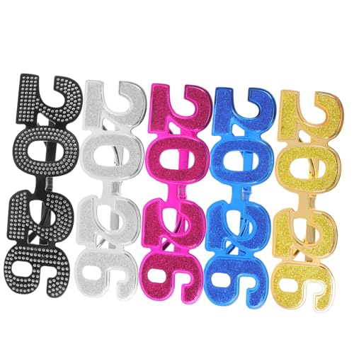 KOMBIUDA 5 Stück Teiliges Glitzer Partybrillen aus Robustem Pc Material Unzerbrechliche Retro Zahlenbrillen für Silvester Abschlussfeier und Fotokabinen Dekoration Vielseitige Farben für von KOMBIUDA