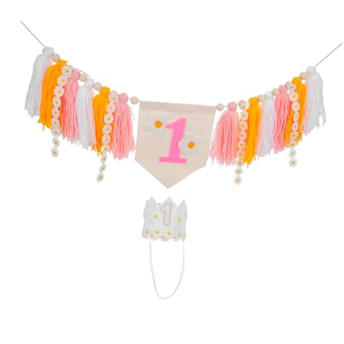 KOMBIUDA Daisy Hochstuhl Banner mit Krone Wiederverwendbare Geburtstagsdeko für Mädchen Filz Blumige Tischdekoration Festliche Partyornamente für Junge Mädchen Geburtstag von KOMBIUDA