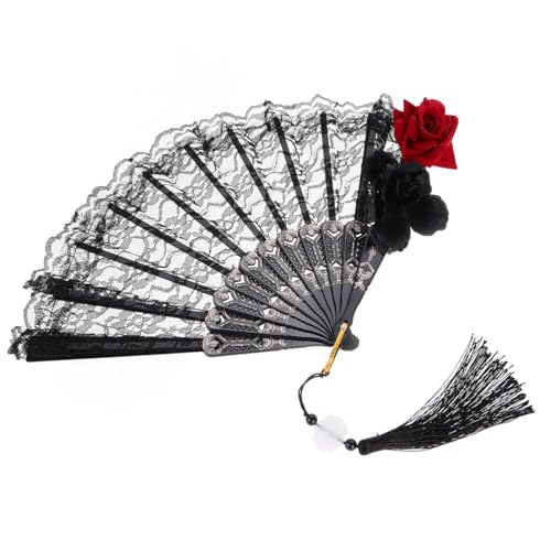 KOMBIUDA Gothic Lolita Spitzenfächer Faltbar Tragbarer Schwarzer Viktorianischer Spitzen Handfächer mit Quaste Geeignet für Halloween Party Cosplay Hochzeit und Tanzaufführung von KOMBIUDA