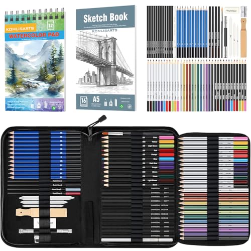 KOMLISATS 73-teiliges professionelles Zeichenset – Komplettes Skizzier-Set mit Bleistiften, Kohlestiften, Spitzer und Radiergummi – Ideales Kunstzubehör für Künstler, Anfänger und Erwachsene KOMLISATS 73-teiliges professionelles Zeichenset – Komplettes Skizzier-Set mit Bleistiften, Kohlestiften, Spitzer und Radiergummi – Ideales Kunstzubehör für Künstler, Anfänger und Erwachsene von KOMLISARTS