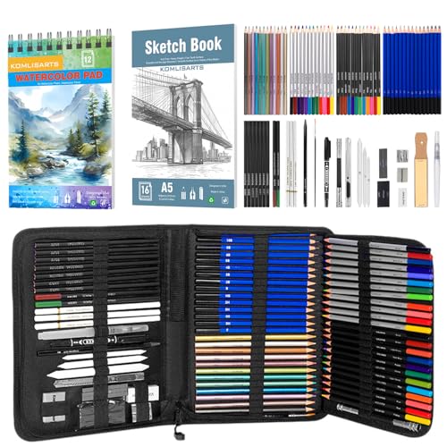 KOMLISATS Zeichnung und Kunst Supplies Kit - Colored Sketching Art Pencil Set Skizzenbuch und Wasser Farbbuch - Enthält Graphit, Aquarell, Metallic, und Öl-Basis farbigen Stiften (83) von KOMLISARTS