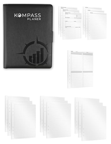 KOMPASS® Ringbuch A5 Nachfüllbar | Notiz-Set inkl. 420 Einlagen | Notizbuch Nachfüllbar Bullet Journal Ringordner A5 Binder inkl. Notizen, To-Do-Liste, Linierte, Karierte & Gepunktete DIN Papier von KOMPASS