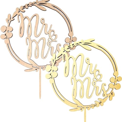 KOMUNJ 2 Stück hölzerne Torte Topper Hochzeit,Hochzeitstorte Topper Hochzeit für Hochzeitstag Verlobung Holzfarbe und Goldfarbe von KOMUNJ
