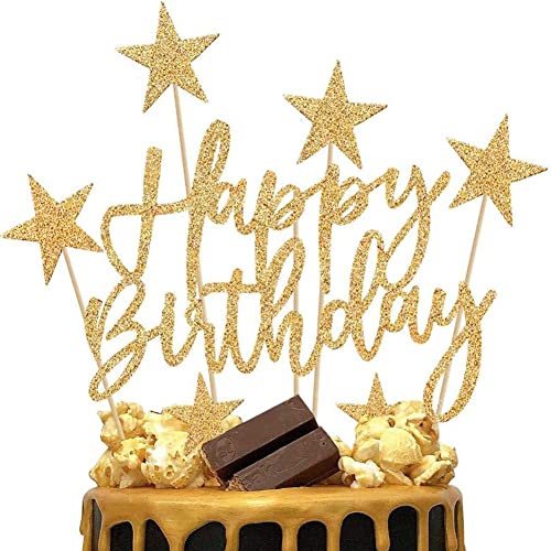 KOMUNJ Happy Birthday Tortendeko Geburtstag Set, Sterne Cupcake Tortenstecker, für Mädchen Junge Mann Frau Kinder Geburtstag Taufe Party Glitzer Deko (Gold) von KOMUNJ