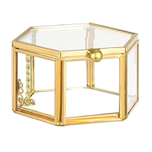 KOMUNJ Schmuckschatulle aus Metall und Glas,geometrische Schmuck Box Transparent Glas Blume Zimmer Glas Box,Sechseckig (Golden 8x7x4.5cm) von KOMUNJ