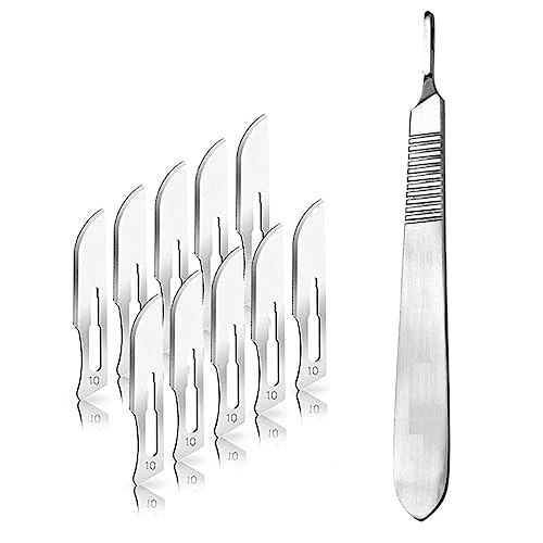 KOMUNJ Set Bastelmesser, mit Hobby-Skalpellgriff aus Edelstahl und 10 Stück Ersatzklingen Figur 10 aus Karbonstahl von KOMUNJ