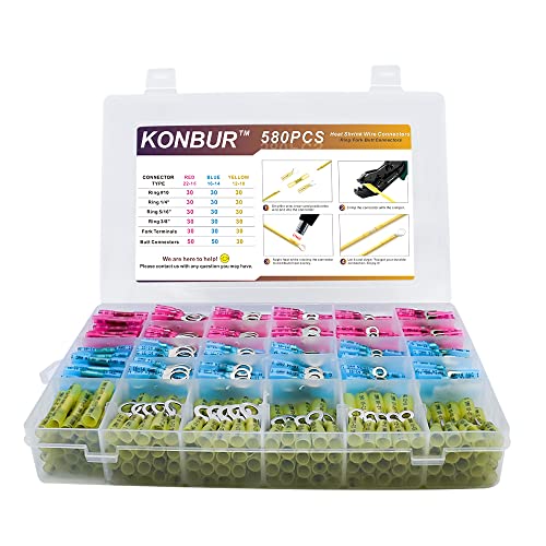 KONBUR 580 x Schrumpfkabelverbinder, isolierte elektrische Klemmen-Set, wasserdichte Marine-Crimpverbinder, Ringgabel mit Stoßverbinder von KONBUR