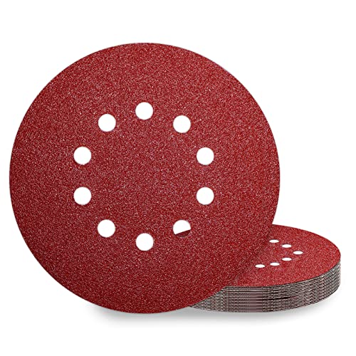 KONGMING 10 Stück Schleifpapier 225mm Klett Schleifscheiben 225mm Körnung P40 10 Loch in Rot für Trockenbauschleifer Exzenterschleifer Schleifgiraffe von KONGMING