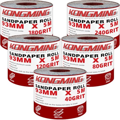 KONGMING Schleifpapier Rolle Set 93 mm x 5 m x 5 Rolle Körnung 40 80 120 180 240 für Handschleifer Handschleifblock von KONGMING