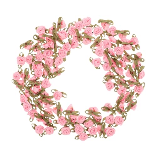 KONTONTY 100 Stück Mini Ribbon Rosen mit Blättern Kleine Dekorative Stoffblumen Langlebige Farbechte Haarschmuck Accessoires für Mädchen DIY Bastelprojekte Kleidung und Partydekoration von KONTONTY