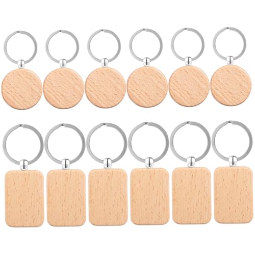 KONTONTY 12 Stück Teiliges Holz Schlüsselanhänger Rund Eckig Beschriftbar DIY Schlüsselring Anhänger Naturholz Rohlinge für Gravur Anhänger Zubehör von KONTONTY