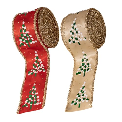 KONTONTY 2 Rollen Weihnachtsband mit Drahtkante Rote und Khakifarbene Satinbänder Robustes Stoffband für DIY Weihnachtskränze Schleifen Geschenkverpackungen und festliche Dekorationen von KONTONTY