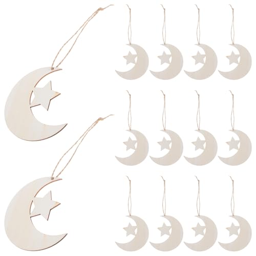 KONTONTY 20 Stück Unlackierte Mond und Stern Holzscheiben für DIY Bastelprojekte Natürliche Holzverzierungen mit Schnur für Kreative Gestaltungen von KONTONTY