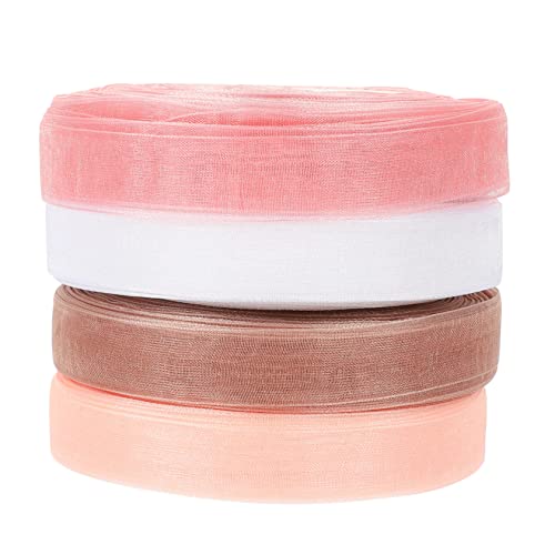 KONTONTY 4 Rollen Transparentes Organza Band Breit Dekoratives Schleifenband Weiß Champagner Rosa Silberbraun für DIY Basteln Geschenkverpackung Hochzeits und Partydekoration von KONTONTY