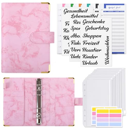 KONVINIT Budget Planner A6 Budget Binder mit Geldumschläge Umschlagmethode,12 Budgetblätter für Budgetierung,6 Löcher Leder Ringbuch Geld Organizer,Budget Organizer,marble pink von KONVINIT