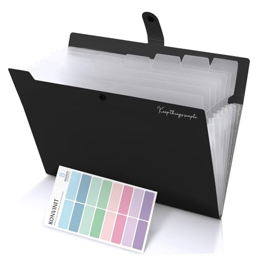 KONVINIT Dokumentenmappe a4 Fächermappe Dokumente Organizer Mappe mit 8 Tasche mit Farbetiketten Große Kapazität Schul Organizer Folder,schwarz von KONVINIT