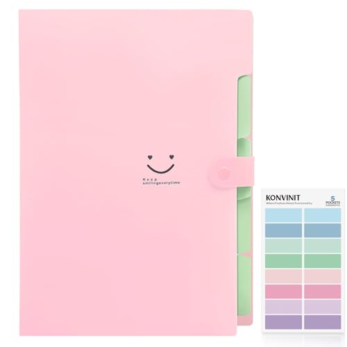 KONVINIT Fächermappe A4,Dokumentenmappe 4 Fächer Mappe aus PP Erweitern Dokumente Organizer Schul Sachen,Mappen Ordnersystem,rosa von KONVINIT