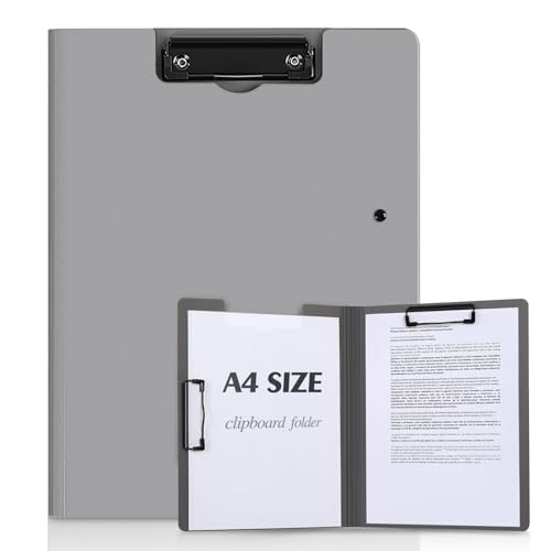 KONVINIT Schreibbrett Klemmbrett a4,Kunststoff Klemmbrettmappe Schreibtisch Schreibmappe mit 2 Klemme zum Zuklappen Wasserdicht für Büro/Schule/zu Hause,grau von KONVINIT