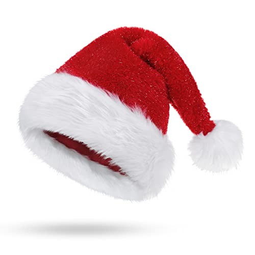 KONVINIT Weihnachtsmütze Glitzer Nikolausmütze Erwachsene Rot Weihnachtsmann Mütz Plüsch Rand Santa Clause Mütze für Herren und Damen,red von KONVINIT