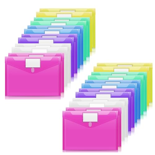 KOOSREEL 24 Stück A4-Dokumententasche, Ordnertasche in 6 transparenten PVC-Farben, Verschlusstasche mit Klappverschluss und Etikett, für Büro, Reisen, Zubehör von KOOSREEL